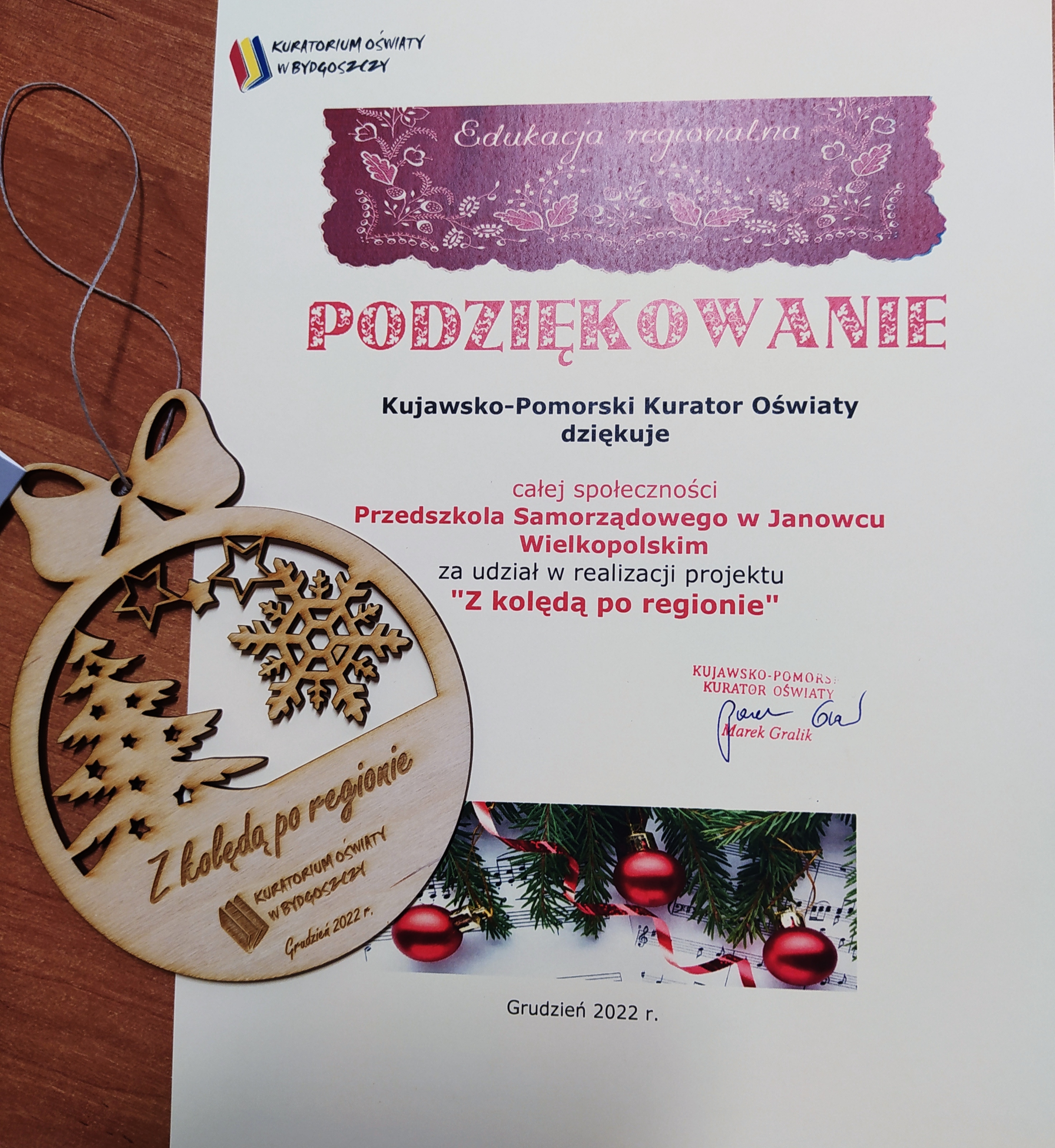 Podziękowanie Kuratorium Oświaty w Bydgoszczy