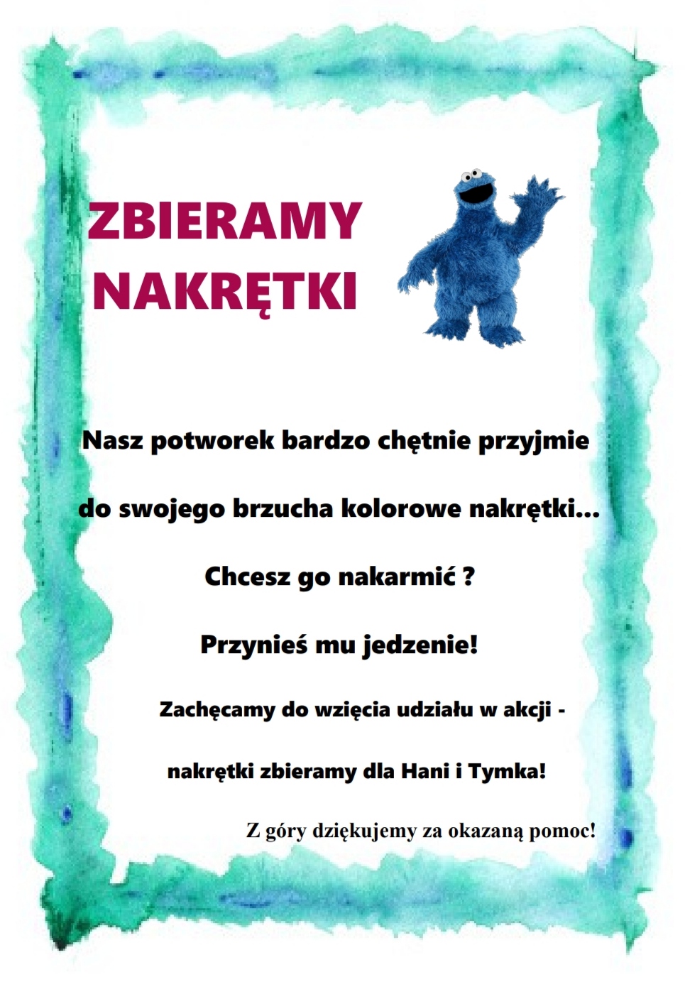 Akcja charytatywna "ZBIÓRKA NAKRĘTEK DLA HANI I TYMKA"